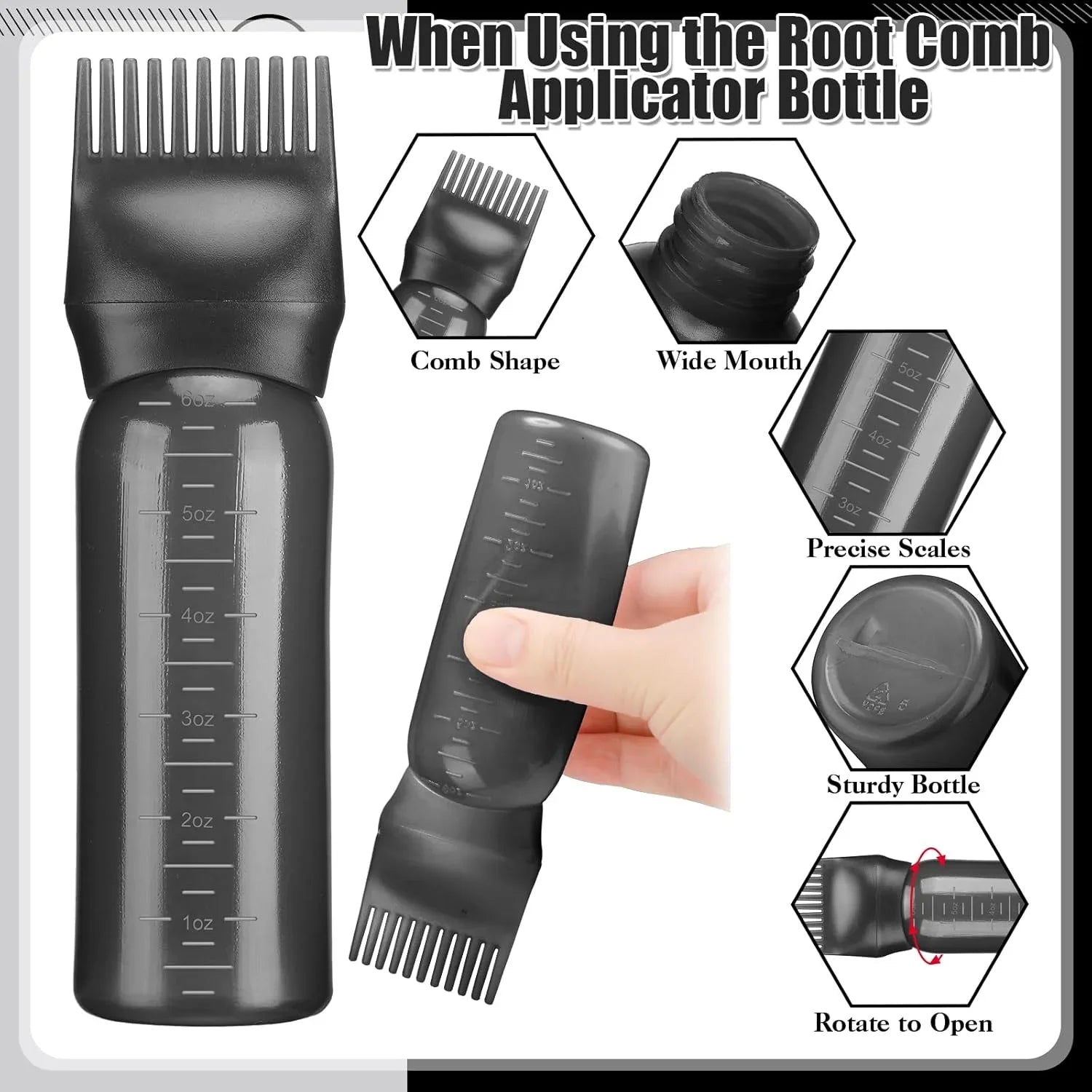 Hair Oil Application Bottle, with 3 Pointed Mouth Caps and 6 Ounces Hair Dye Bottle Root Comb, Suitable for Scalp (black&white)