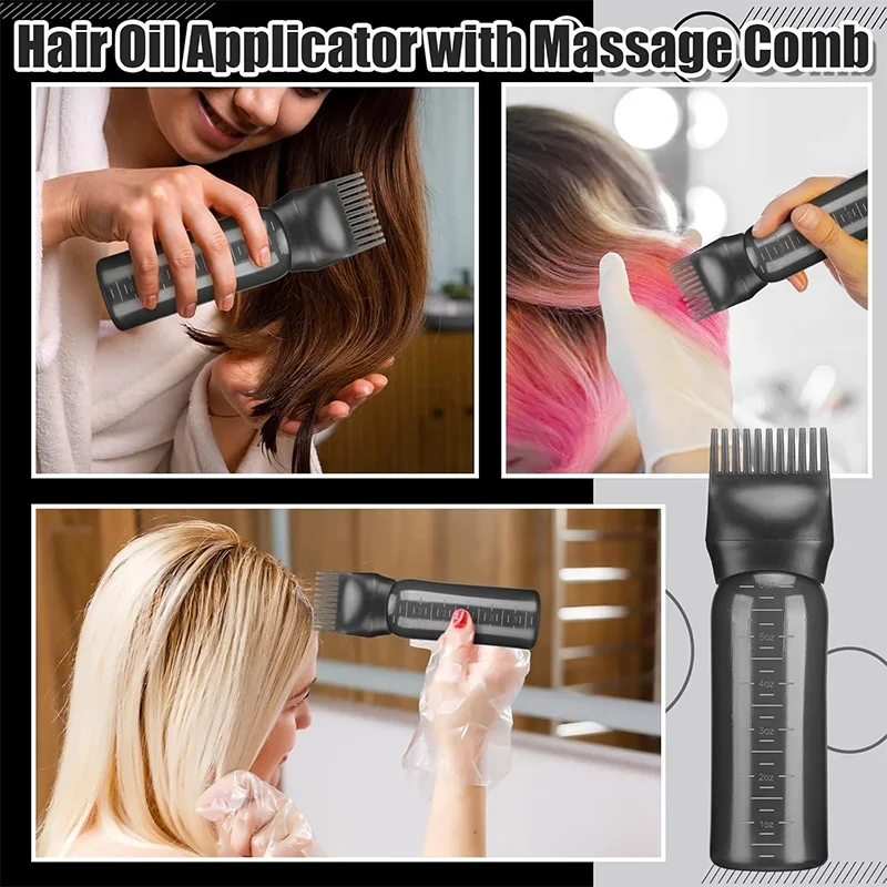 Hair Oil Application Bottle, with 3 Pointed Mouth Caps and 6 Ounces Hair Dye Bottle Root Comb, Suitable for Scalp (black&white)