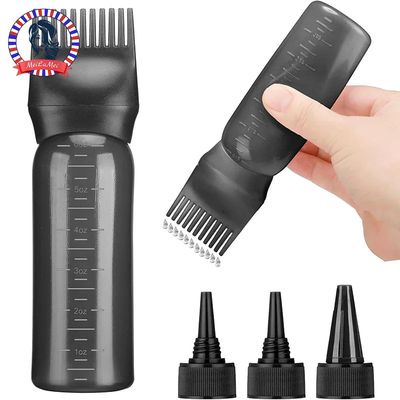 Hair Oil Application Bottle, with 3 Pointed Mouth Caps and 6 Ounces Hair Dye Bottle Root Comb, Suitable for Scalp (black&white)