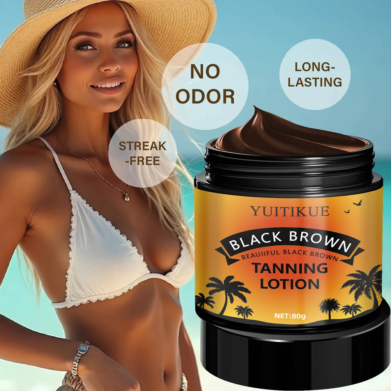 YUITIKUE Black Brown Tanning Lotion - Sunless Tanner, Fast Natural Color, Moisturizing & No Streaks, Odor Free & Long Lasting